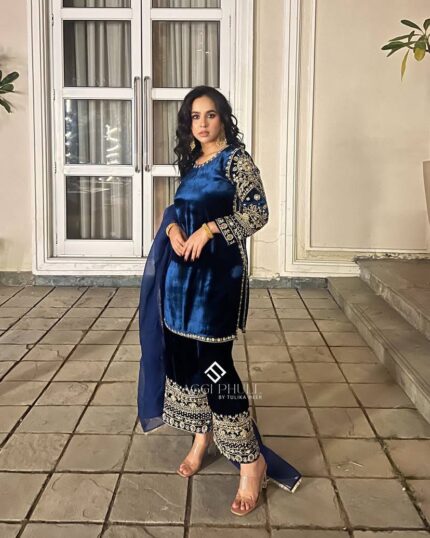 Blue Velvet Sequience And Embroidered Work Punjabi Suit