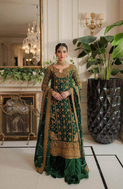 Green Bridalwear Georgette Sharara Suit With Threde Work